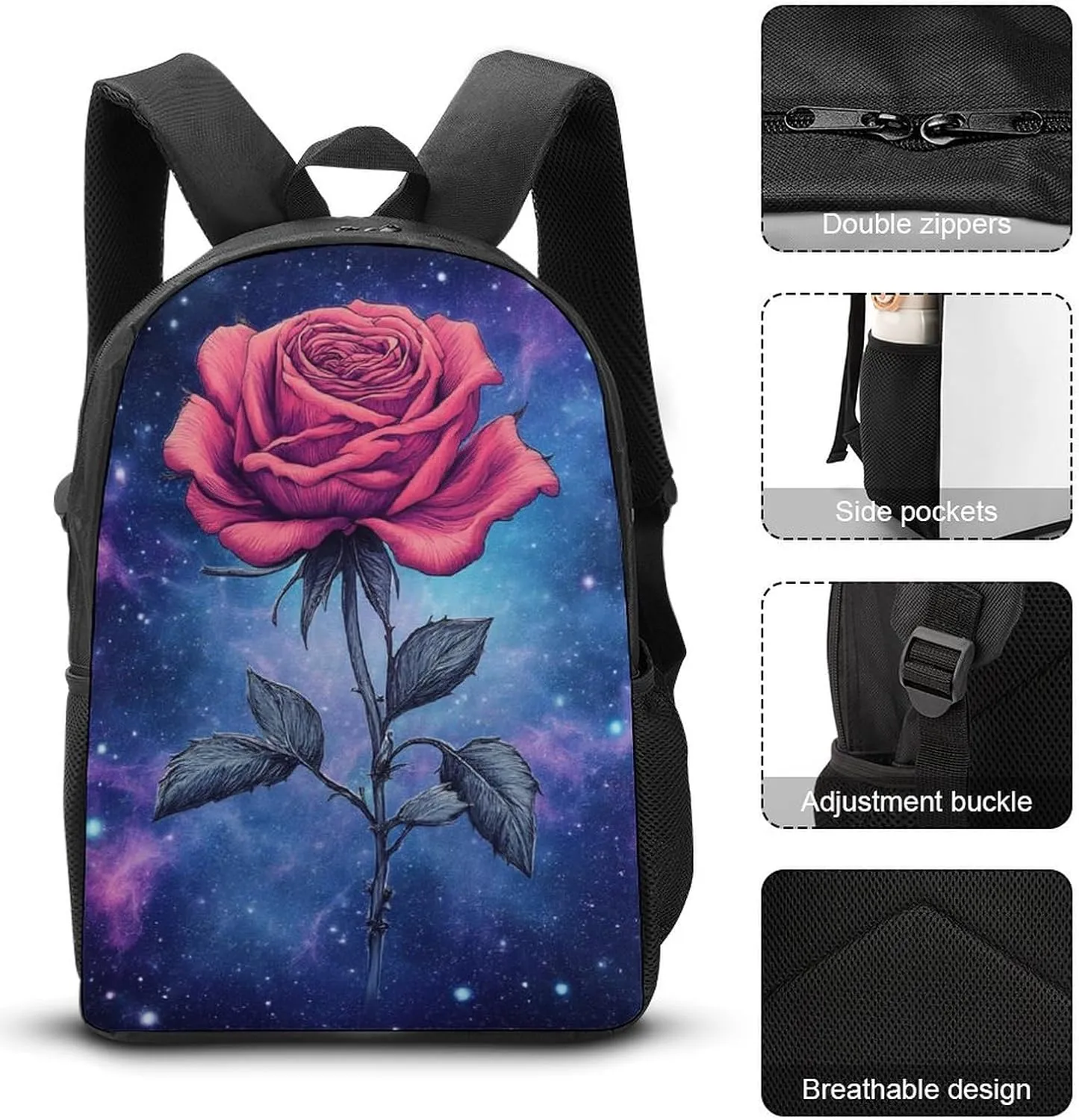 3 Pcs Backpack Set Travel Backpack Casual 17 Inch Daypack Space Galaxy Flower Glitter Rose Art College Bookbag with Insulated Lunch Bag and Pencil Pouch