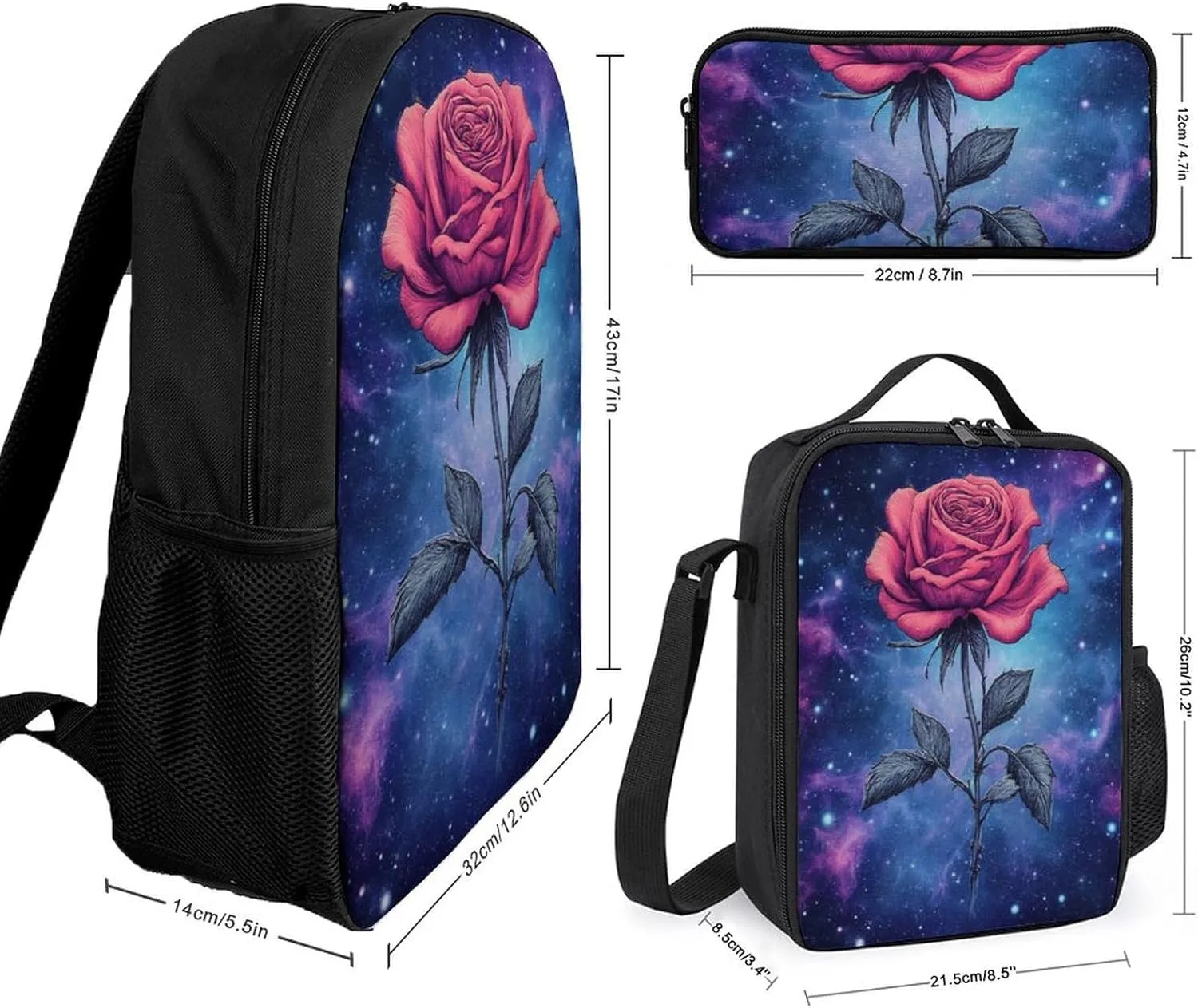 3 Pcs Backpack Set Travel Backpack Casual 17 Inch Daypack Space Galaxy Flower Glitter Rose Art College Bookbag with Insulated Lunch Bag and Pencil Pouch