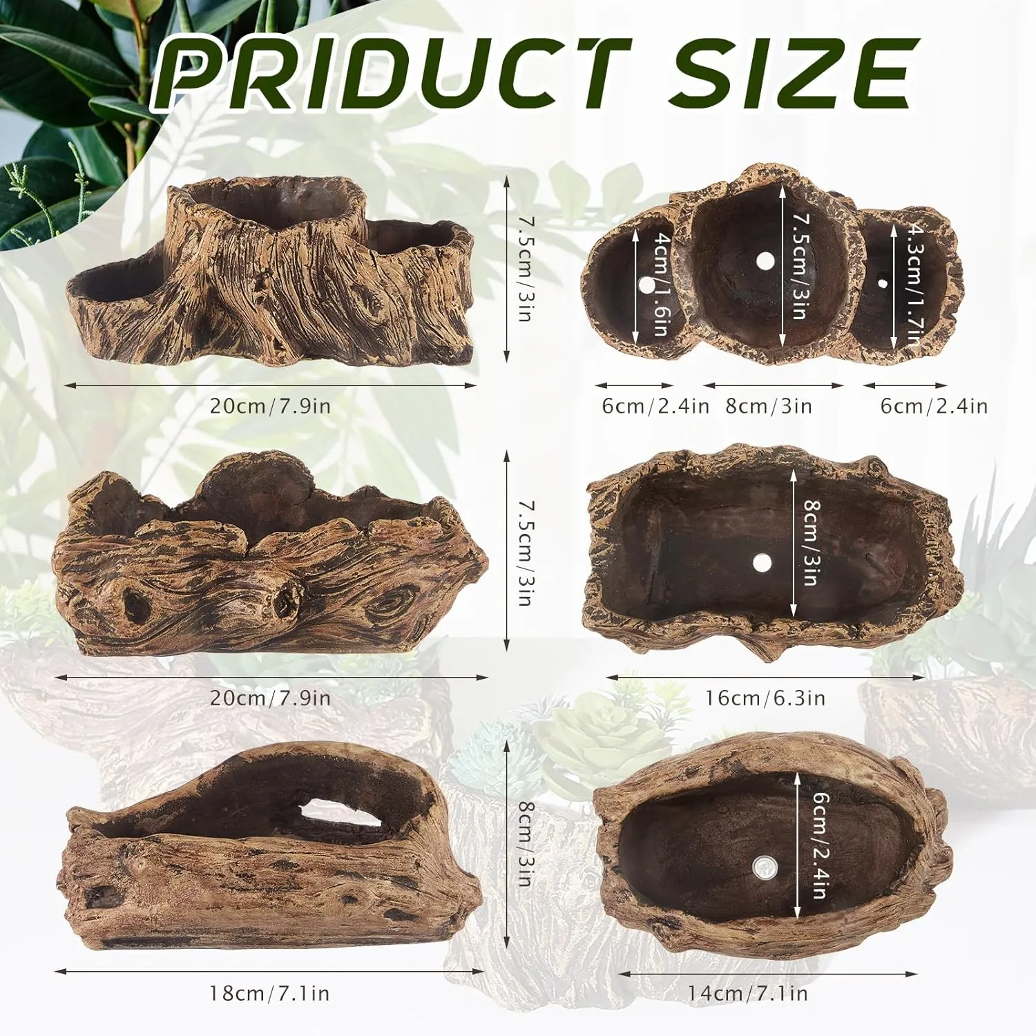 3 Pcs Driftwood Stump Log Concrete Planter Driftwood Planter Succulent Pot Plant Pot for Succulents for Outdoor Indoor Home Patio Garden Decoration (Retro)