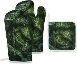 3 Pcs Oven Mitts and Pot Holders Set Kitchen Oven Gloves Heat Resistant Potholders Non-Slip Hot Pads Extra Large Cabbage Oven Mits for Cooking Baking Grilling