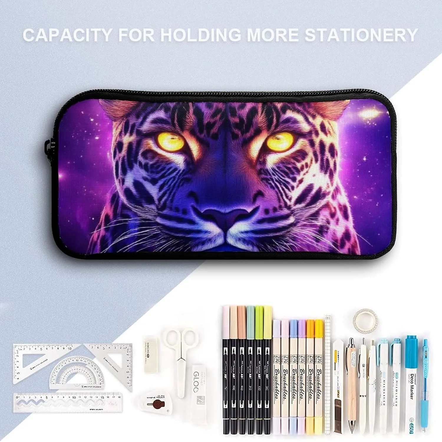 3-Piece Set 17inch Casual Daypack with Lunch Box Pencil Case Space Galaxy Purple Cheetah Leopard Art Backpack Insulated Lunch Box Zipper Stationery Organizer Case