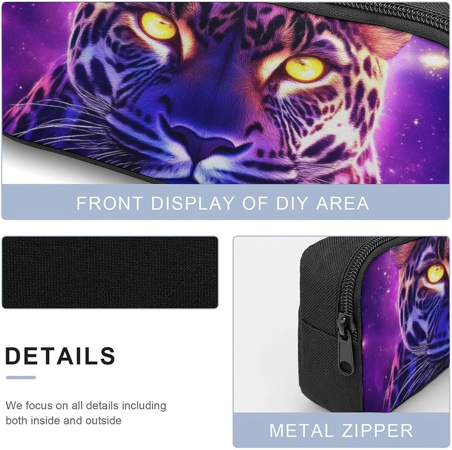 3-Piece Set 17inch Casual Daypack with Lunch Box Pencil Case Space Galaxy Purple Cheetah Leopard Art Backpack Insulated Lunch Box Zipper Stationery Organizer Case