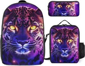 3-Piece Set 17inch Casual Daypack with Lunch Box Pencil Case Space Galaxy Purple Cheetah Leopard Art Backpack Insulated Lunch Box Zipper Stationery Organizer Case