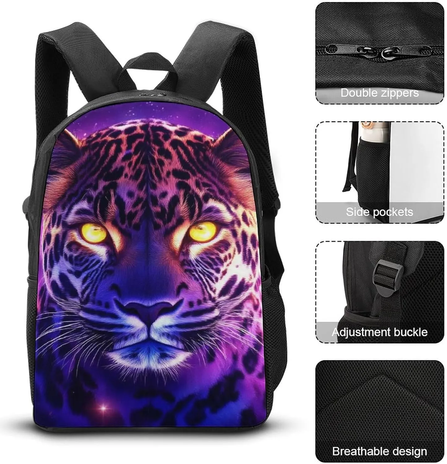 3-Piece Set 17inch Casual Daypack with Lunch Box Pencil Case Space Galaxy Purple Cheetah Leopard Art Backpack Insulated Lunch Box Zipper Stationery Organizer Case
