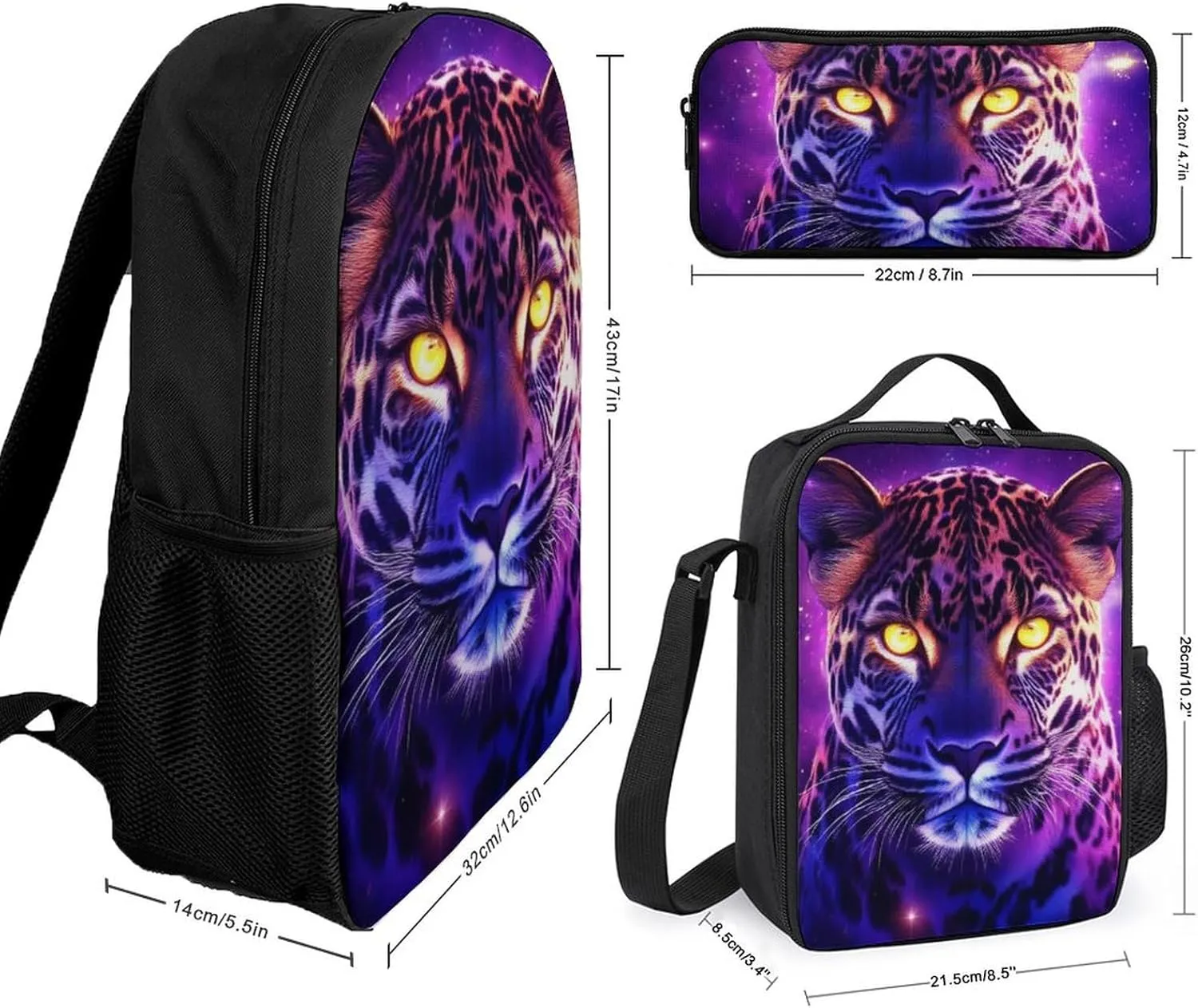 3-Piece Set 17inch Casual Daypack with Lunch Box Pencil Case Space Galaxy Purple Cheetah Leopard Art Backpack Insulated Lunch Box Zipper Stationery Organizer Case