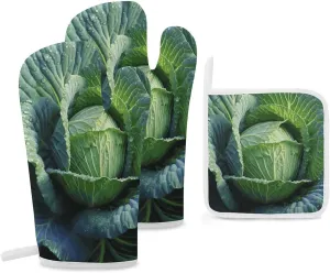 3 Pieces Bright Cabbage Oven Mitts and Pot Holders Set High Heat Resistant Gloves Potholders for Kitchen Cotton Oven Glove for Baking Cooking BBQ