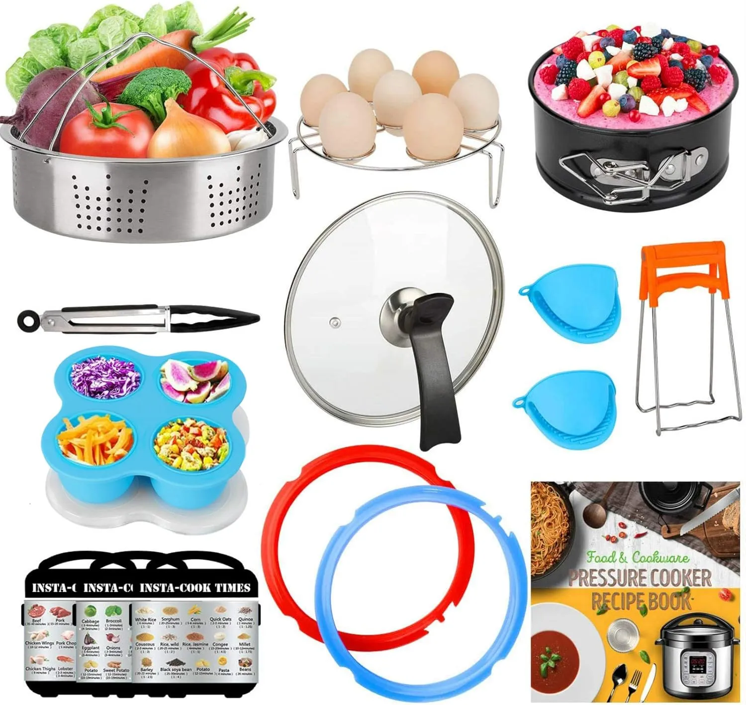3 Quart Accessories for Instant Pot, Including Cake Baking Barrel, Steamer Basket, Tempered Glass Lid, Silicone Sealing Rings, Egg Steamer Rack, Egg Bites Mold