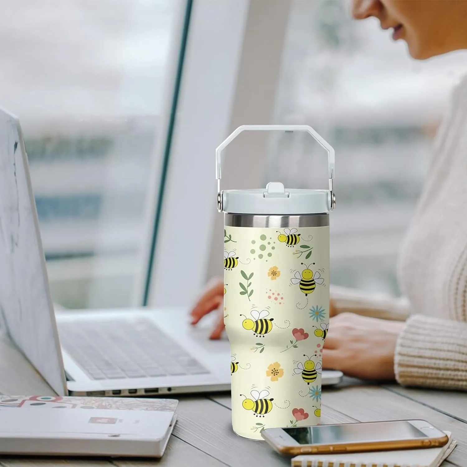 30 oz Bee Tumbler with Handle and Flip Straw, Stainless Steel Insulated Cup with Lid and Straw,Travel Coffee Mug Water Bottle,Christmas Birthday Mothers Day Gifts for Women Animal Lovers
