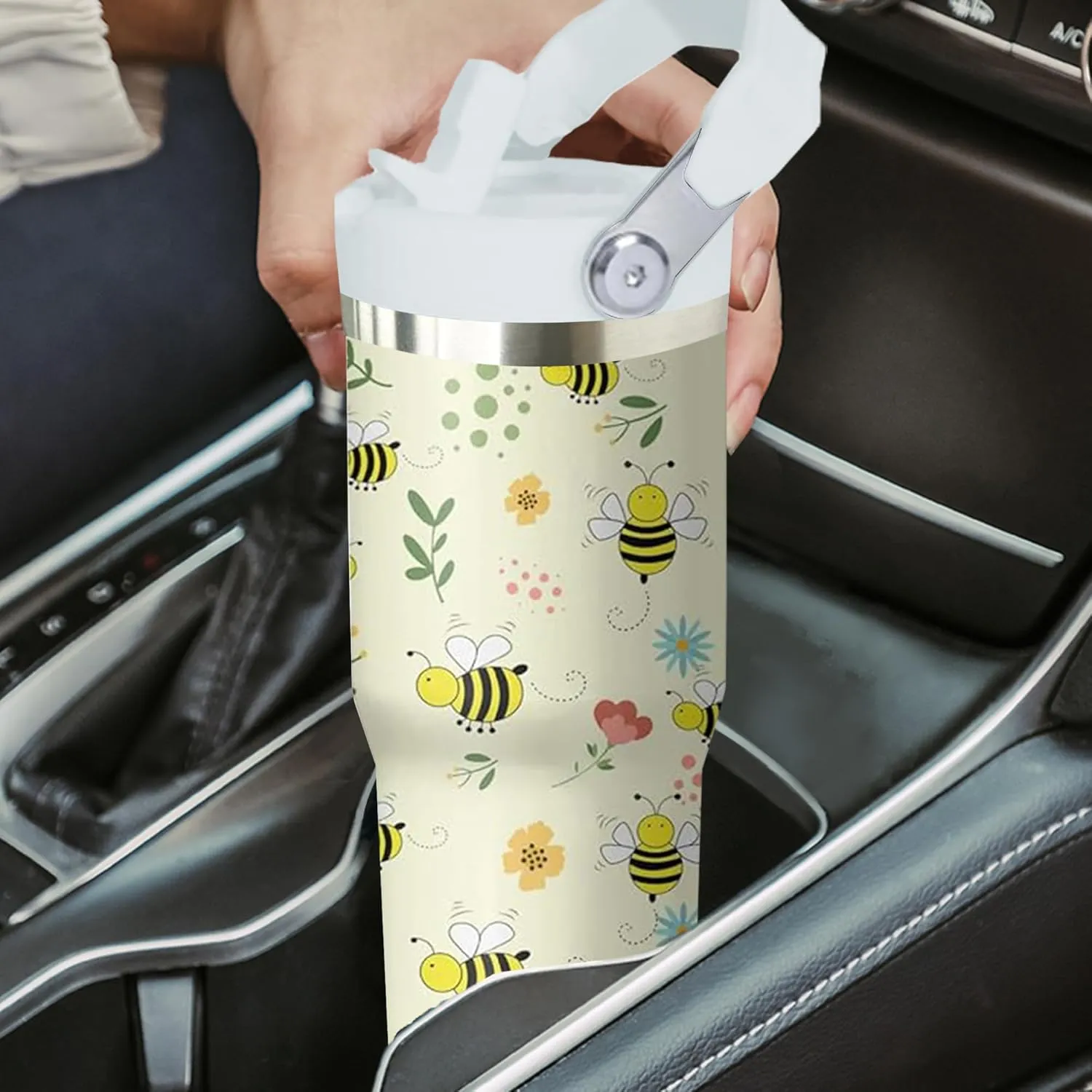30 oz Bee Tumbler with Handle and Flip Straw, Stainless Steel Insulated Cup with Lid and Straw,Travel Coffee Mug Water Bottle,Christmas Birthday Mothers Day Gifts for Women Animal Lovers