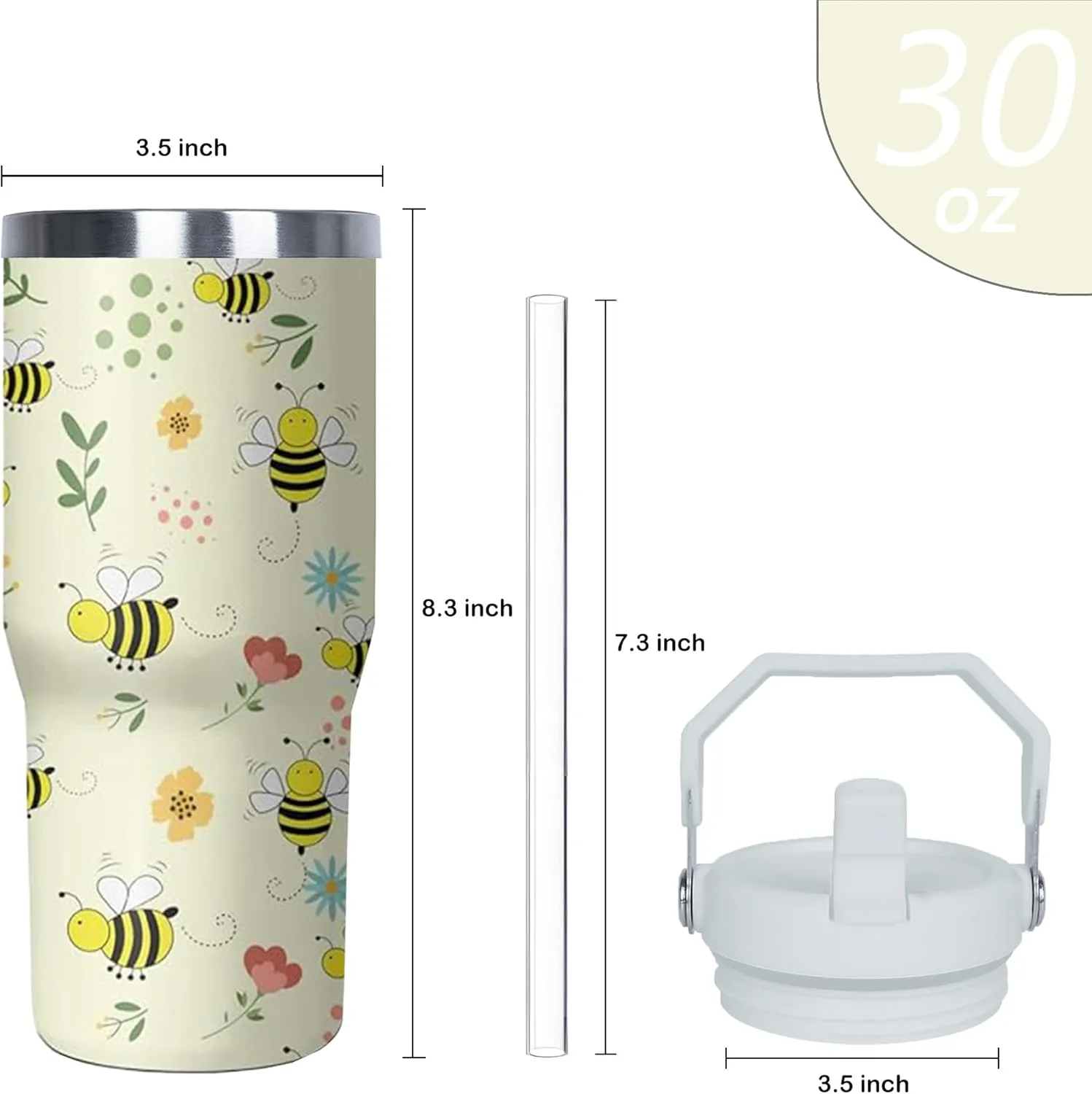 30 oz Bee Tumbler with Handle and Flip Straw, Stainless Steel Insulated Cup with Lid and Straw,Travel Coffee Mug Water Bottle,Christmas Birthday Mothers Day Gifts for Women Animal Lovers