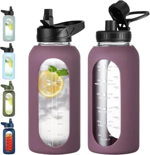 32 oz Glass Water Bottle with Straw and Handle, Sports Motivational Water Flask with Silicone Sleeve, Large Leakproof Water Flask Cup with Time Marker for Travel, Gym, Dark Purple