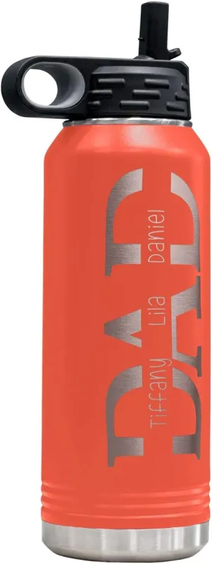 32-oz Stainless Steel Customized Water Bottle For Dad- Includes Kids Names- Great for Father's Day, Christmas, His Birthday, or Just Because - Select from a Variety of Colors (Coral)