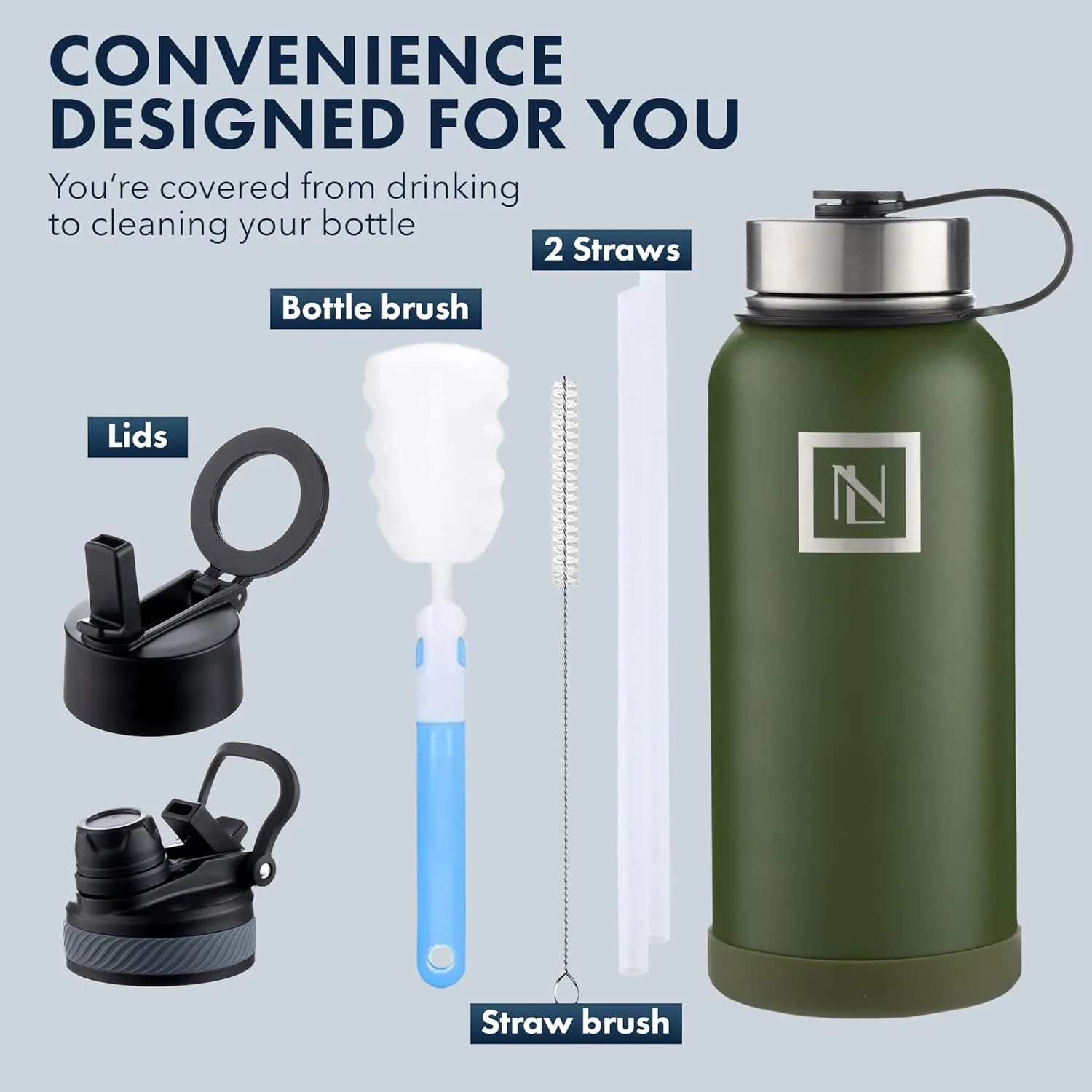 32 Oz Water Bottle With Magnetic Phone Holder Lid, Hydration Flask, Wide Mouth Stainless Steel Water Bottle With 3 Lids Straw & Spout Lid, Double Walled Insulated Thermos (Green)