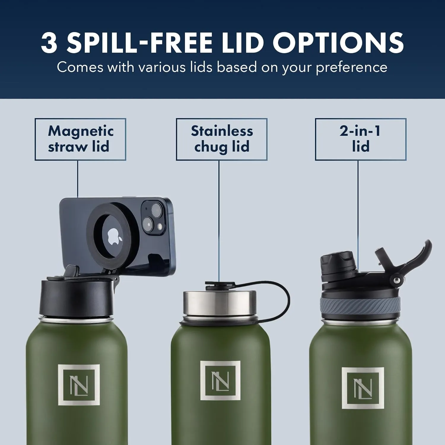 32 Oz Water Bottle With Magnetic Phone Holder Lid, Hydration Flask, Wide Mouth Stainless Steel Water Bottle With 3 Lids Straw & Spout Lid, Double Walled Insulated Thermos (Green)
