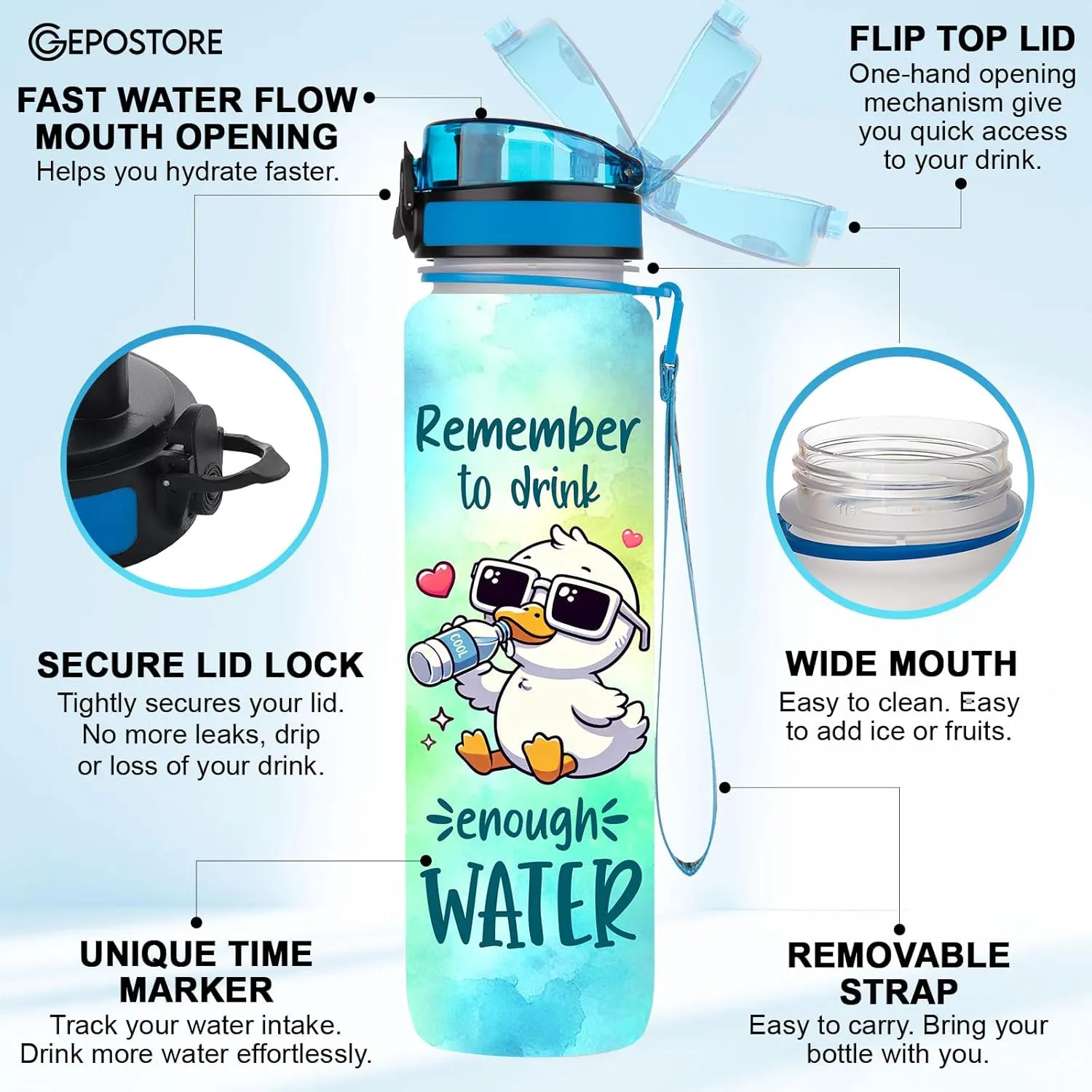 32 Oz Water Track Bottle, Remember To Drink Water Bottle, Water Bottle With Time Marker, Duck Motivational Insulated Water Bottle, Gifts For Family Friend, Birthday Gifts