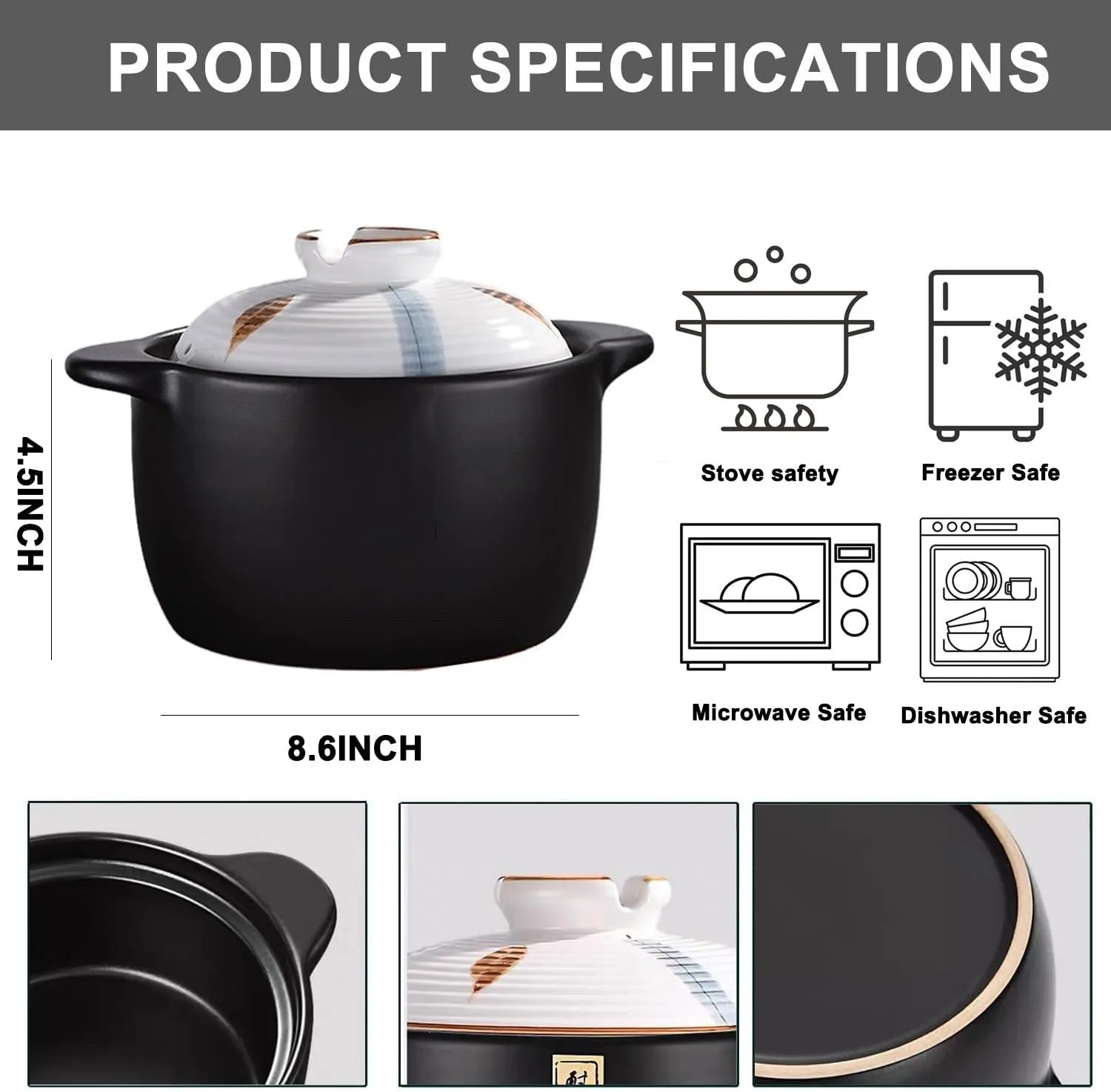 3.2 Quart Ceramic Casserole,with Lid Ceramic Pot,Heat-Resistant Round Stew Pot Soup Pot for cook bibimbap, soup, rice, stew, casserole (White3.2QT)