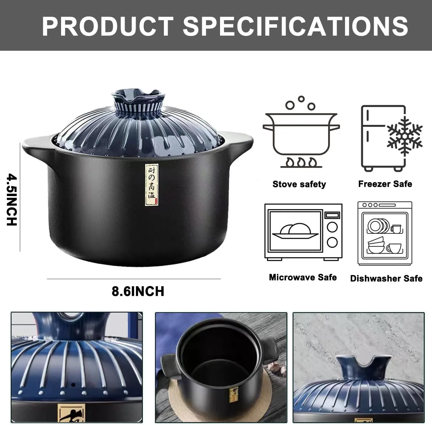 3.2 Quart Ceramic Casserole,with Lid Ceramic Pot,Heat-Resistant Round Stew Soup Pot for cook bibimbap, soup, rice, stew, casserole (Blue3.2QT)