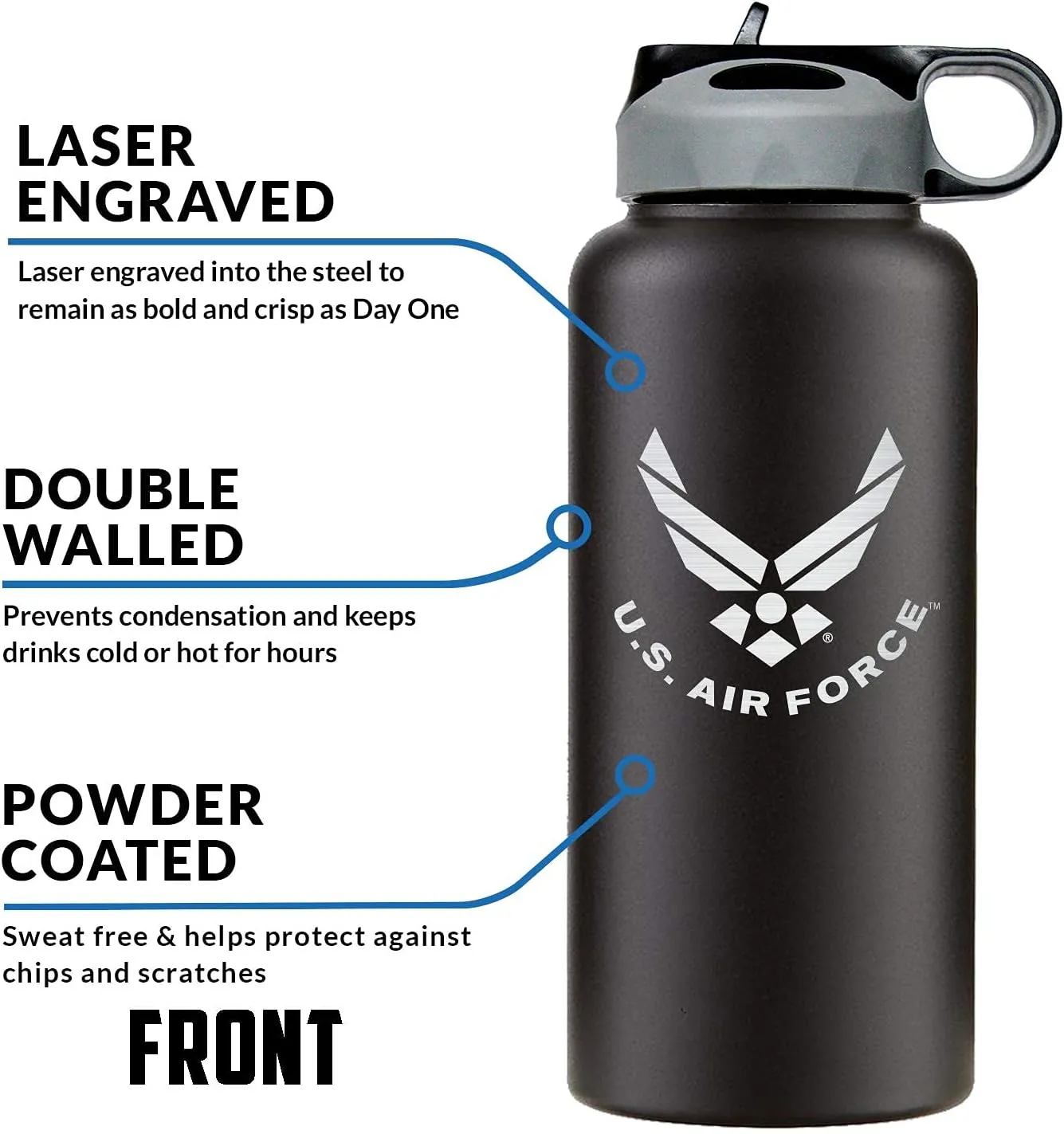 32oz Air Force Stainless Steel Insulated Water Bottle with Engraved USAF Logo - Air Force Gifts for Veterans | Disabled USMC Vet Owned SMALL Business
