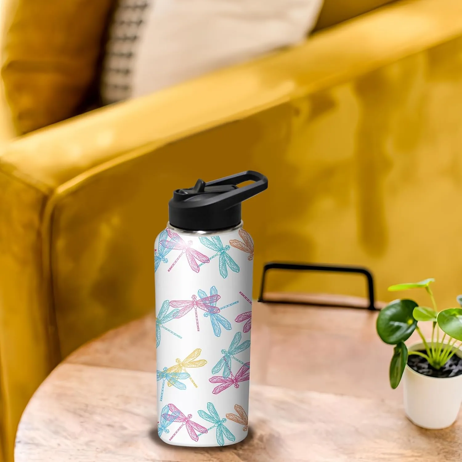 32oz Cute Dragonfly Water Bottle with Handle and Flip Straw, Sports Stainless Steel Insulated Cup, Travel Coffee Mug Tumbler, Birthday Mothers Day Chritmas Gifts for Women Animal Lovers