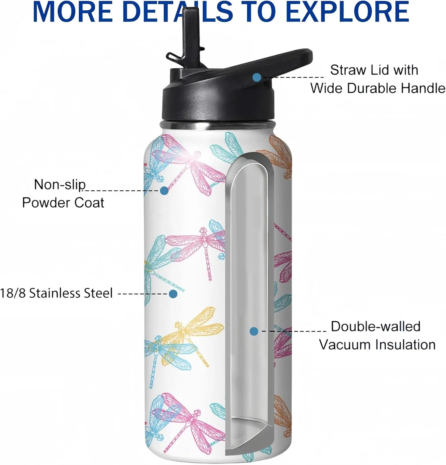 32oz Cute Dragonfly Water Bottle with Handle and Flip Straw, Sports Stainless Steel Insulated Cup, Travel Coffee Mug Tumbler, Birthday Mothers Day Chritmas Gifts for Women Animal Lovers