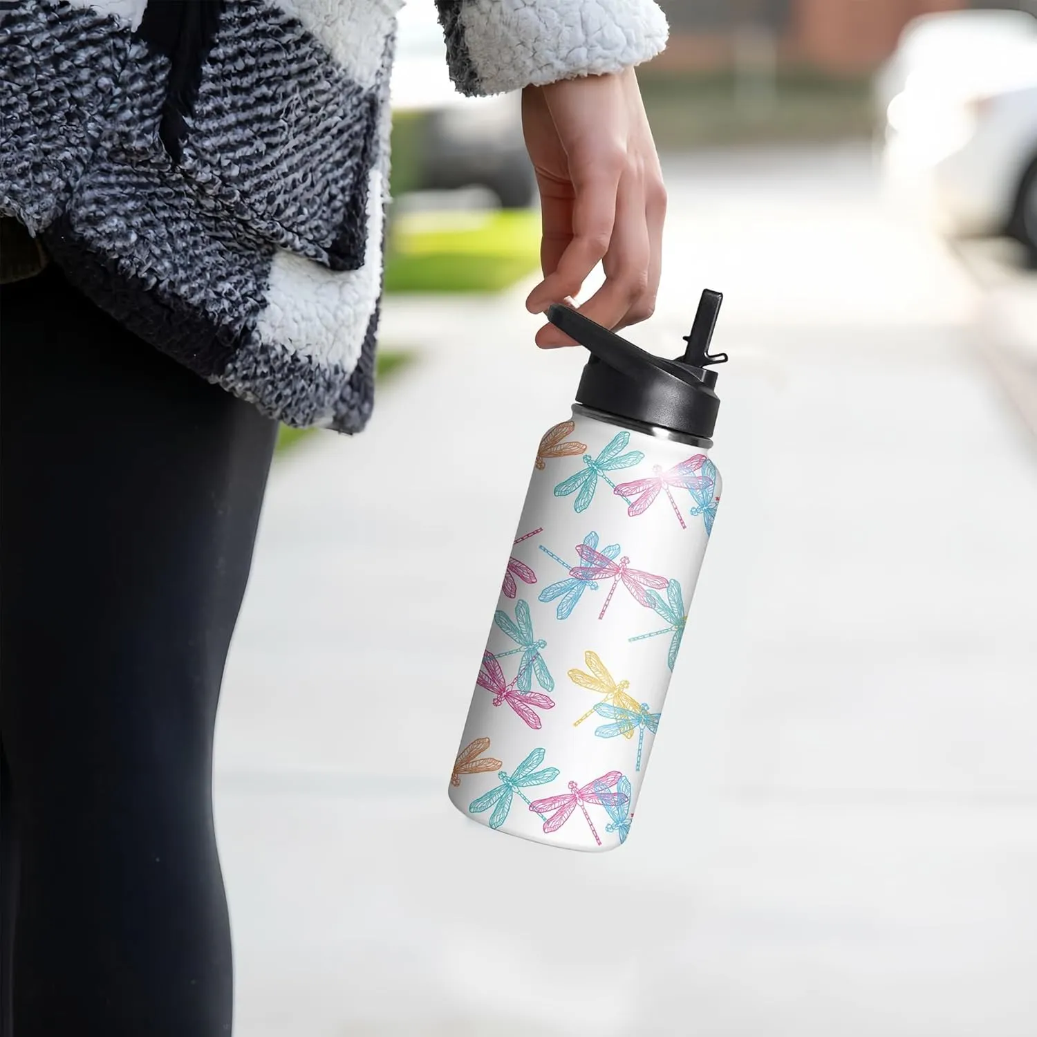 32oz Cute Dragonfly Water Bottle with Handle and Flip Straw, Sports Stainless Steel Insulated Cup, Travel Coffee Mug Tumbler, Birthday Mothers Day Chritmas Gifts for Women Animal Lovers