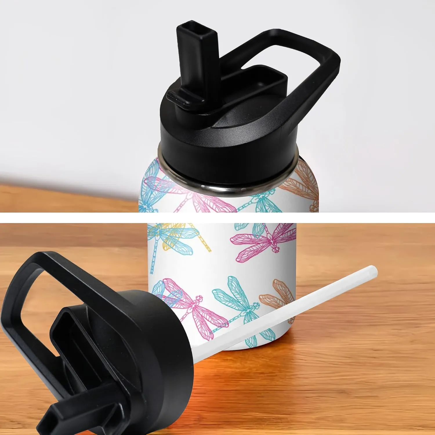 32oz Cute Dragonfly Water Bottle with Handle and Flip Straw, Sports Stainless Steel Insulated Cup, Travel Coffee Mug Tumbler, Birthday Mothers Day Chritmas Gifts for Women Animal Lovers