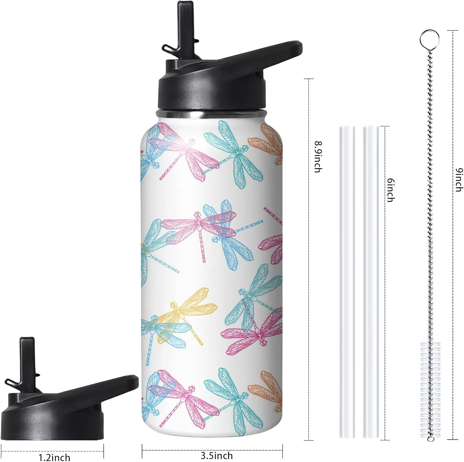 32oz Cute Dragonfly Water Bottle with Handle and Flip Straw, Sports Stainless Steel Insulated Cup, Travel Coffee Mug Tumbler, Birthday Mothers Day Chritmas Gifts for Women Animal Lovers