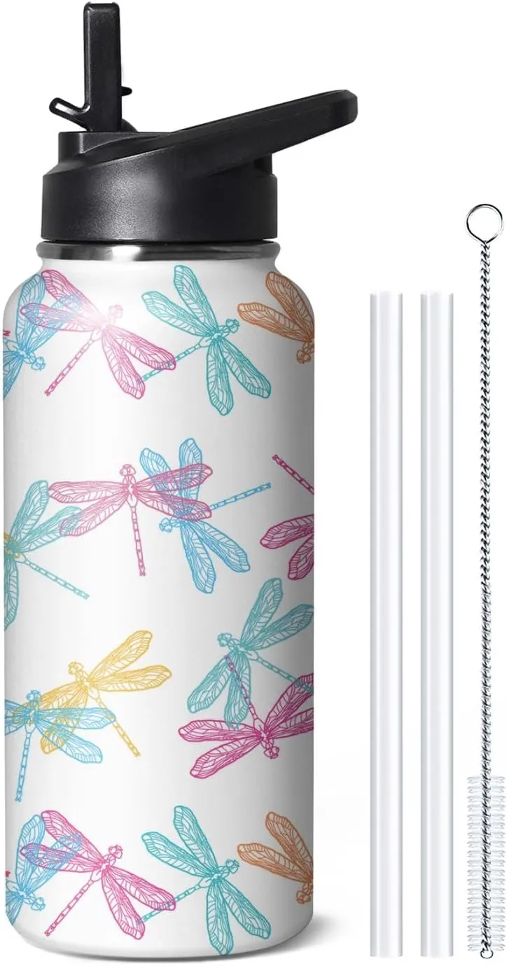 32oz Cute Dragonfly Water Bottle with Handle and Flip Straw, Sports Stainless Steel Insulated Cup, Travel Coffee Mug Tumbler, Birthday Mothers Day Chritmas Gifts for Women Animal Lovers