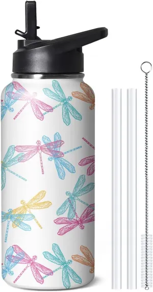 32oz Cute Dragonfly Water Bottle with Handle and Flip Straw, Sports Stainless Steel Insulated Cup, Travel Coffee Mug Tumbler, Birthday Mothers Day Chritmas Gifts for Women Animal Lovers