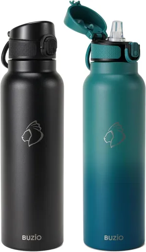 32oz Insulated Water Bottle with Straw Lid, 2PCS BUZIO Vacuum Stainless Steel Water Bottles with Handle, Double Wall Leakproof Sport Drinking Thermo Flask- Cold for 48 Hrs, Black Blue