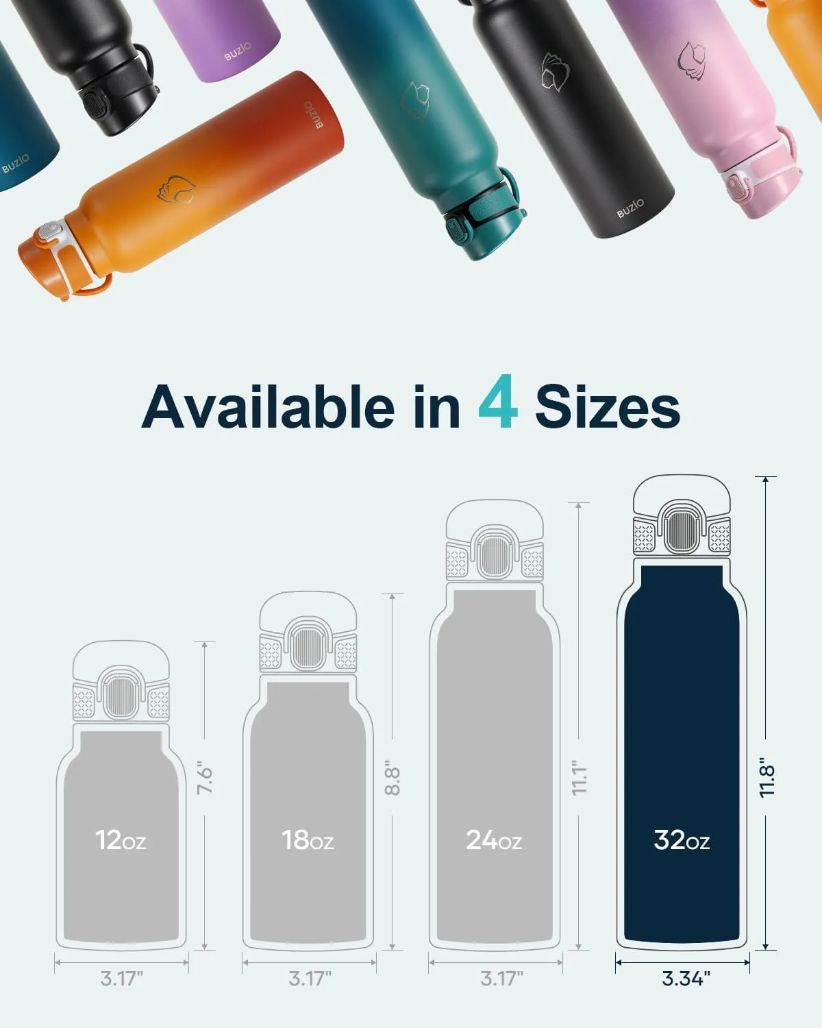 32oz Insulated Water Bottle with Straw Lid, 2PCS BUZIO Vacuum Stainless Steel Water Bottles with Handle, Double Wall Leakproof Sport Drinking Thermo Flask- Cold for 48 Hrs, Black Blue