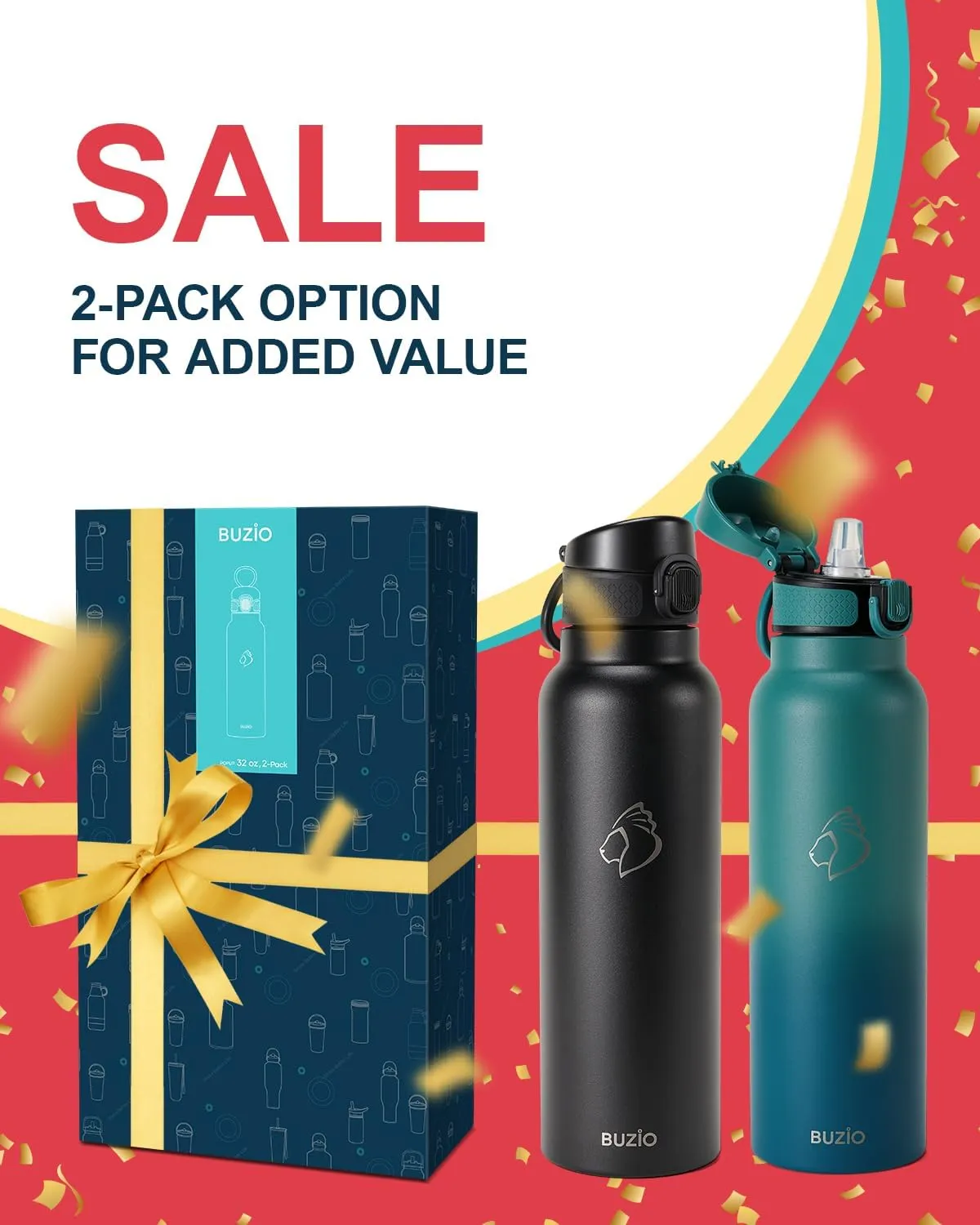 32oz Insulated Water Bottle with Straw Lid, 2PCS BUZIO Vacuum Stainless Steel Water Bottles with Handle, Double Wall Leakproof Sport Drinking Thermo Flask- Cold for 48 Hrs, Black Blue