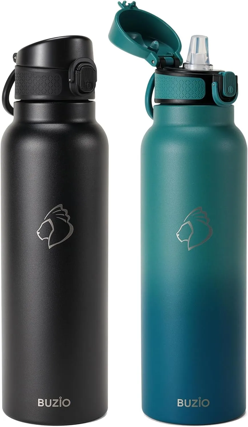 32oz Insulated Water Bottle with Straw Lid, 2PCS BUZIO Vacuum Stainless Steel Water Bottles with Handle, Double Wall Leakproof Sport Drinking Thermo Flask- Cold for 48 Hrs, Black Blue