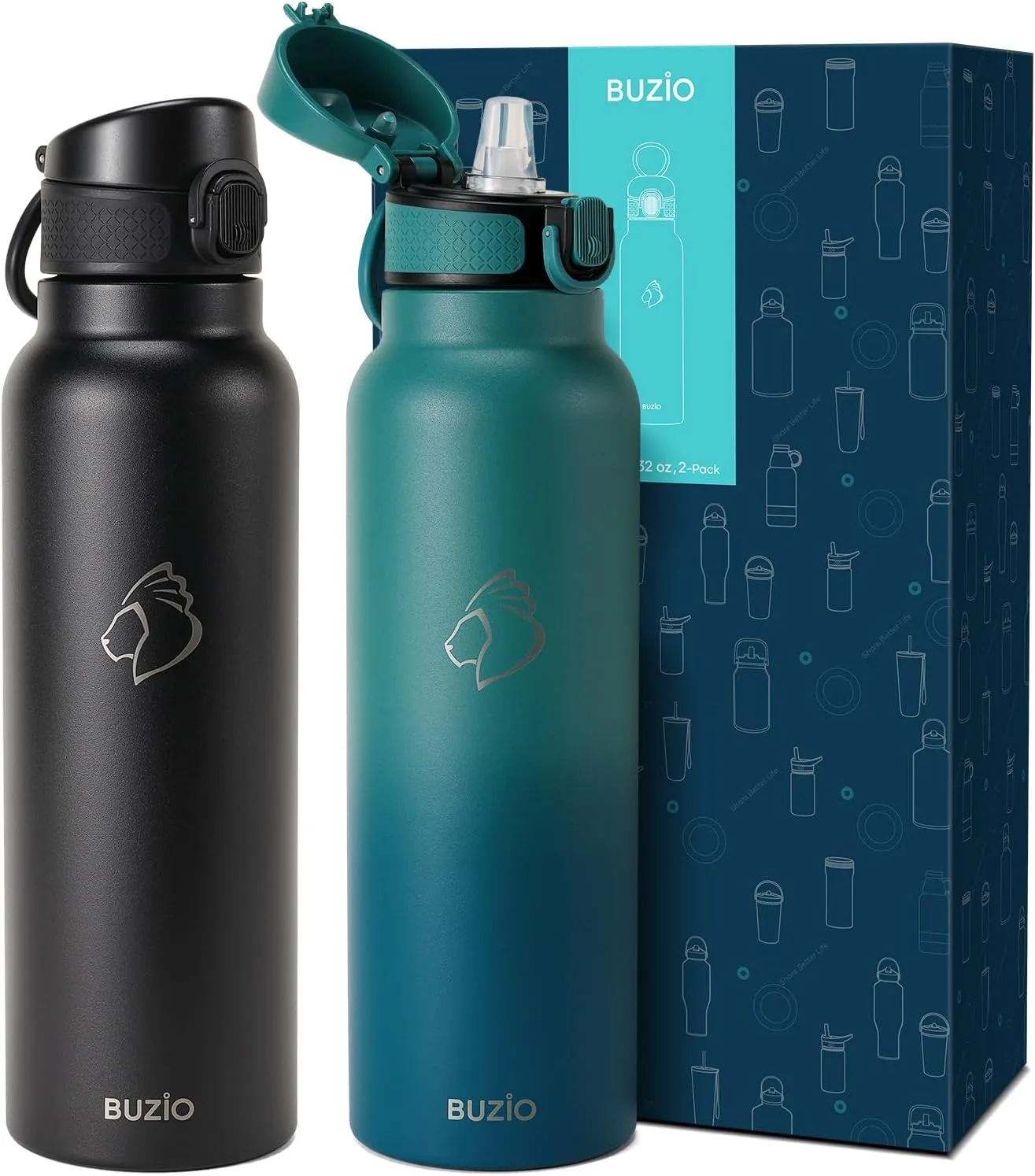 32oz Insulated Water Bottle with Straw Lid, 2PCS BUZIO Vacuum Stainless Steel Water Bottles with Handle, Double Wall Leakproof Sport Drinking Thermo Flask- Cold for 48 Hrs, Black Blue