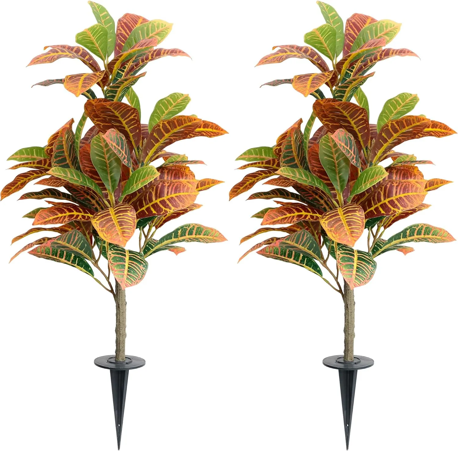 35inch Artificial Croton Plant with Ground Spike, 2 Pack Artificial Plants Outdoors Front Porch, Lifelike Faux Fiddle Leaf Fig Tree for Home Garden Yard Decor