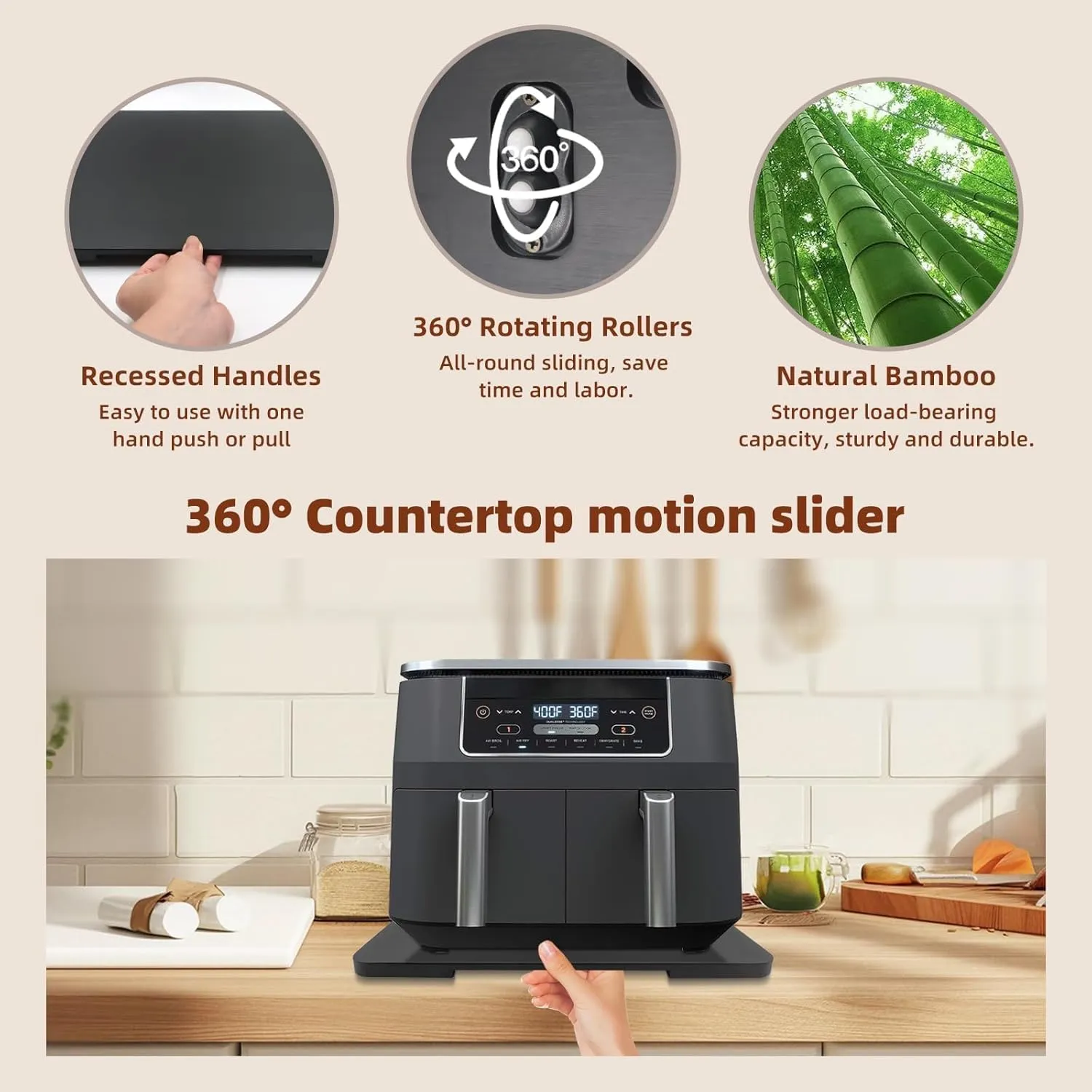 360° Rolling Tray Bamboo Appliance Slider for Kitchen Appliances, for Breville Espresso Machine Accessories, Sliding Tray for Coffee Maker Appliances Mat Easily from Under The Cabinet Black 12.8"×15.8