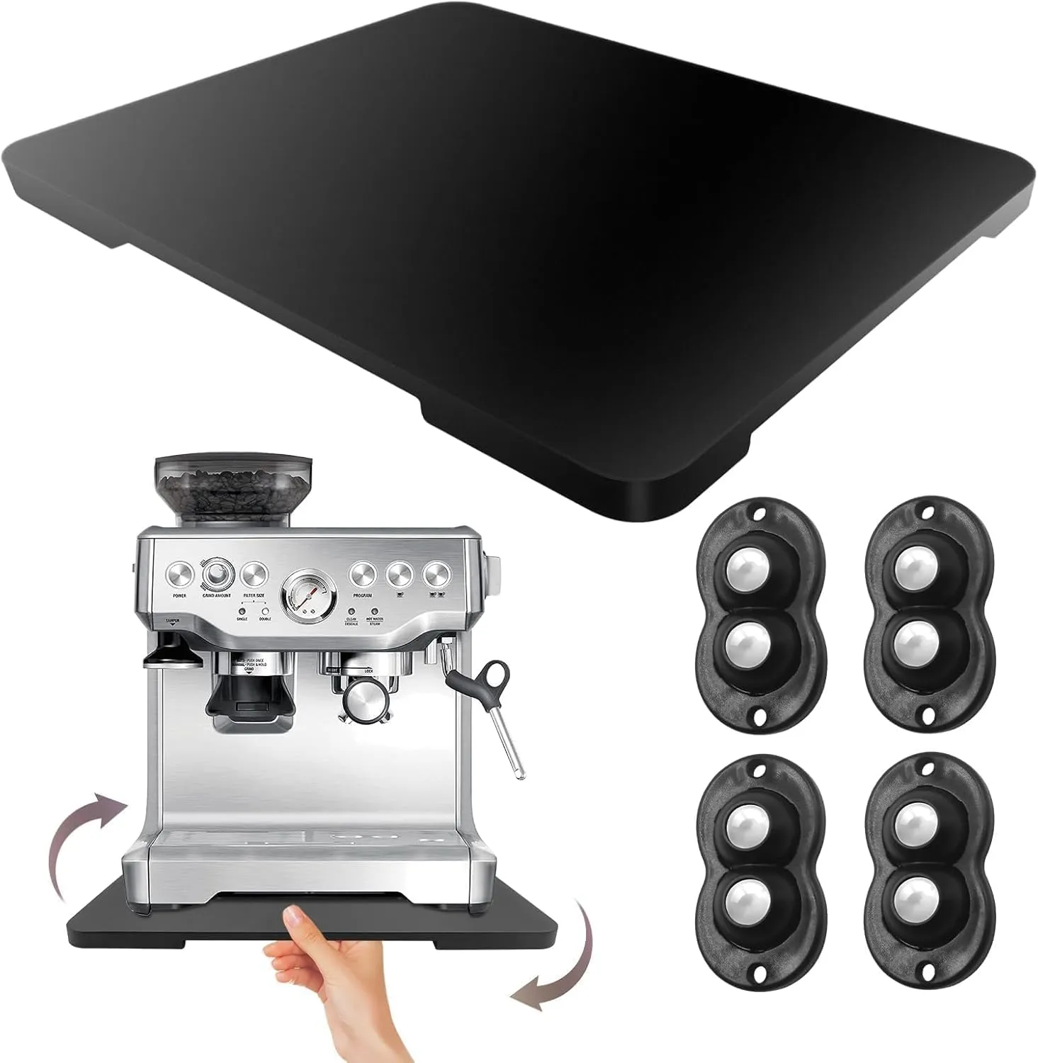 360° Rolling Tray Bamboo Appliance Slider for Kitchen Appliances, for Breville Espresso Machine Accessories, Sliding Tray for Coffee Maker Appliances Mat Easily from Under The Cabinet Black 12.8"×15.8