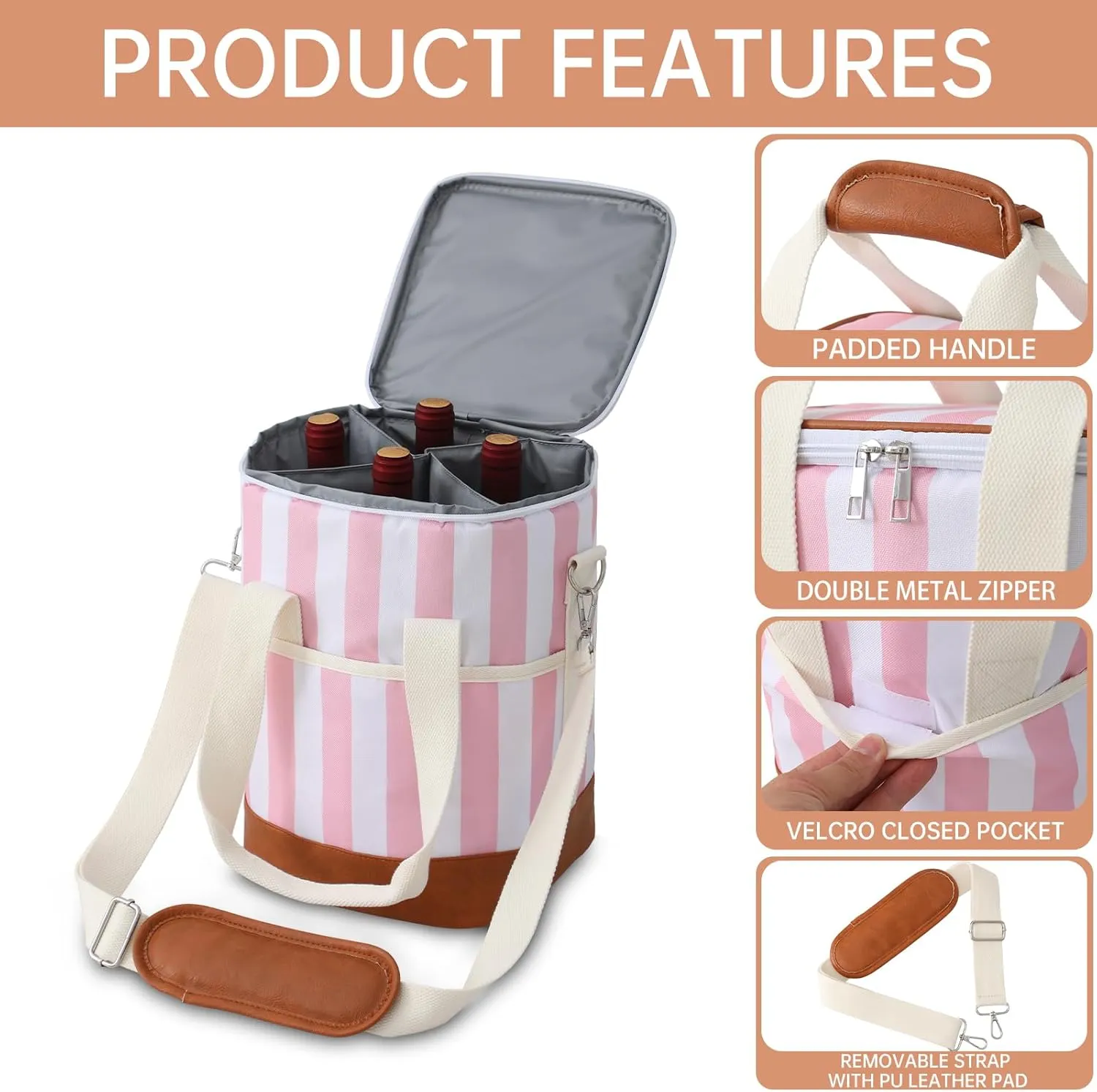 4 Bottle Wine Tote Bag - Leakproof & Insulated Wine Carrier Travel Padded Wine Cooler Bag with Adjustable Strap, Picnics, Beach & Parties, Stylish Gift for Wine Lovers (Pink Stripe)
