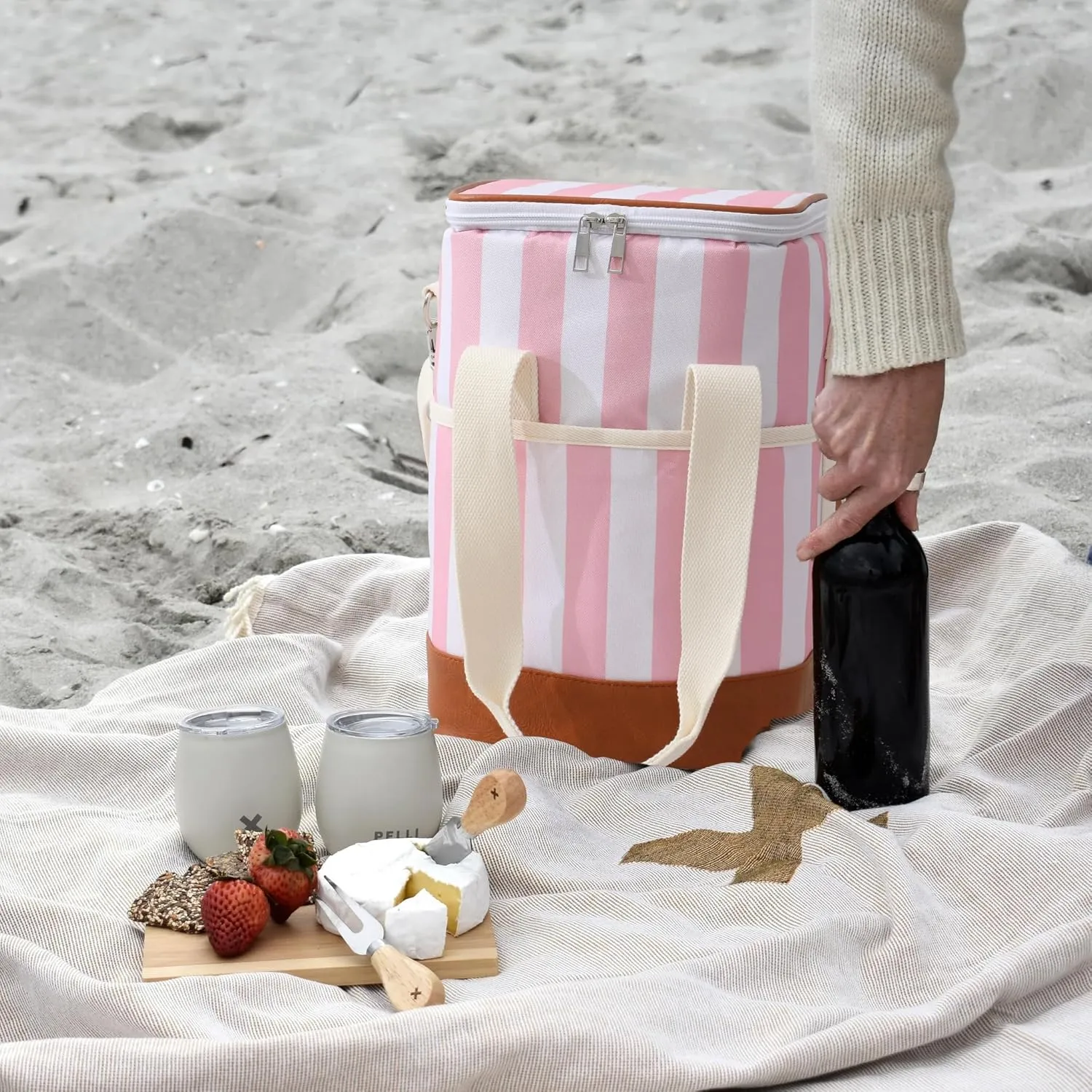 4 Bottle Wine Tote Bag - Leakproof & Insulated Wine Carrier Travel Padded Wine Cooler Bag with Adjustable Strap, Picnics, Beach & Parties, Stylish Gift for Wine Lovers (Pink Stripe)