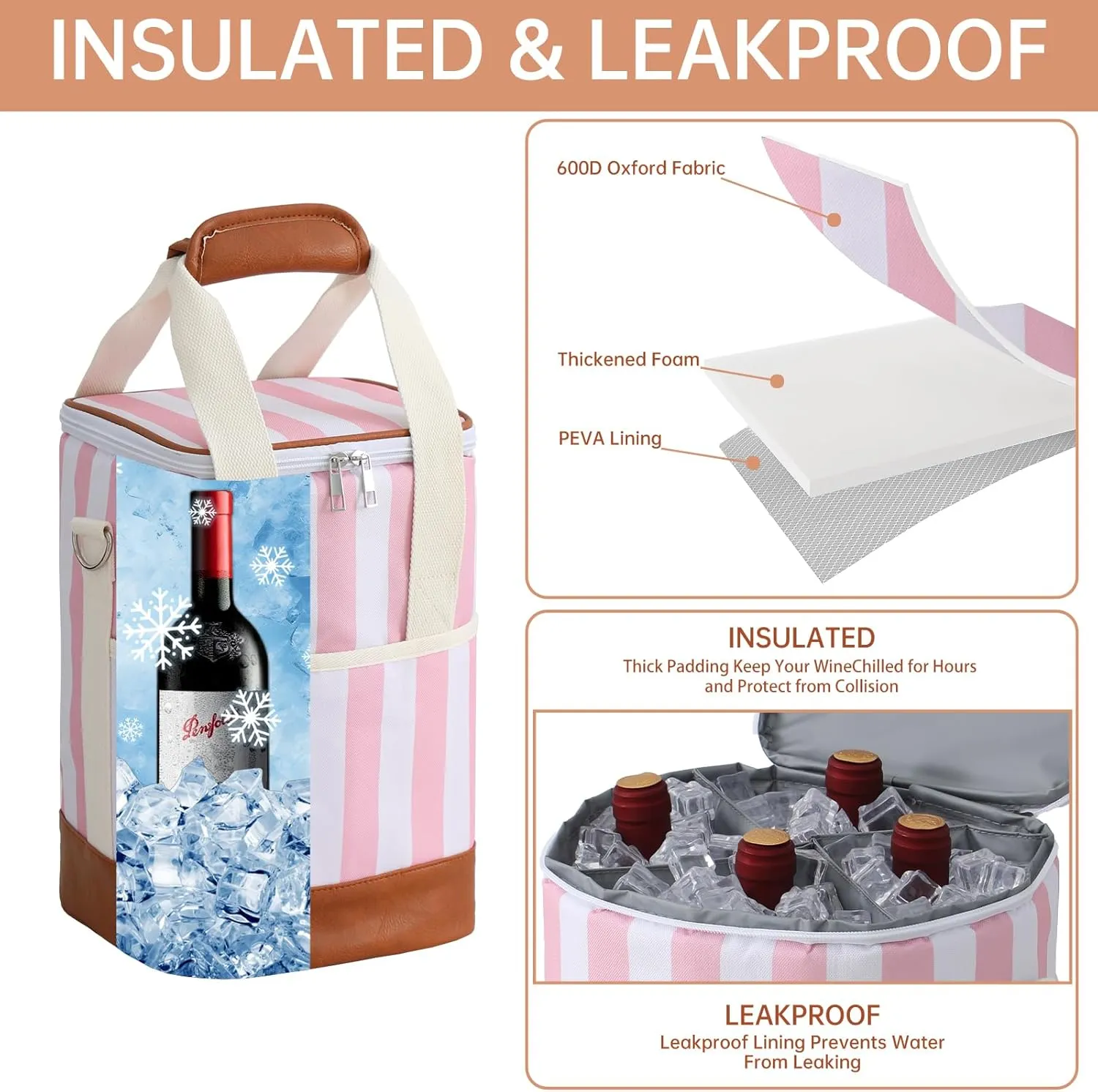 4 Bottle Wine Tote Bag - Leakproof & Insulated Wine Carrier Travel Padded Wine Cooler Bag with Adjustable Strap, Picnics, Beach & Parties, Stylish Gift for Wine Lovers (Pink Stripe)
