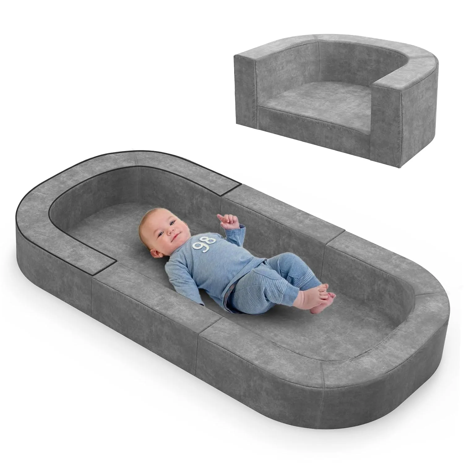 4-in-1 Portable Toddler Travel Bed and Sofa, Foldable Floor Bed with Carrying Bag, for Newborn, Infant and Toddler 1-3 Years, Size S, Gray