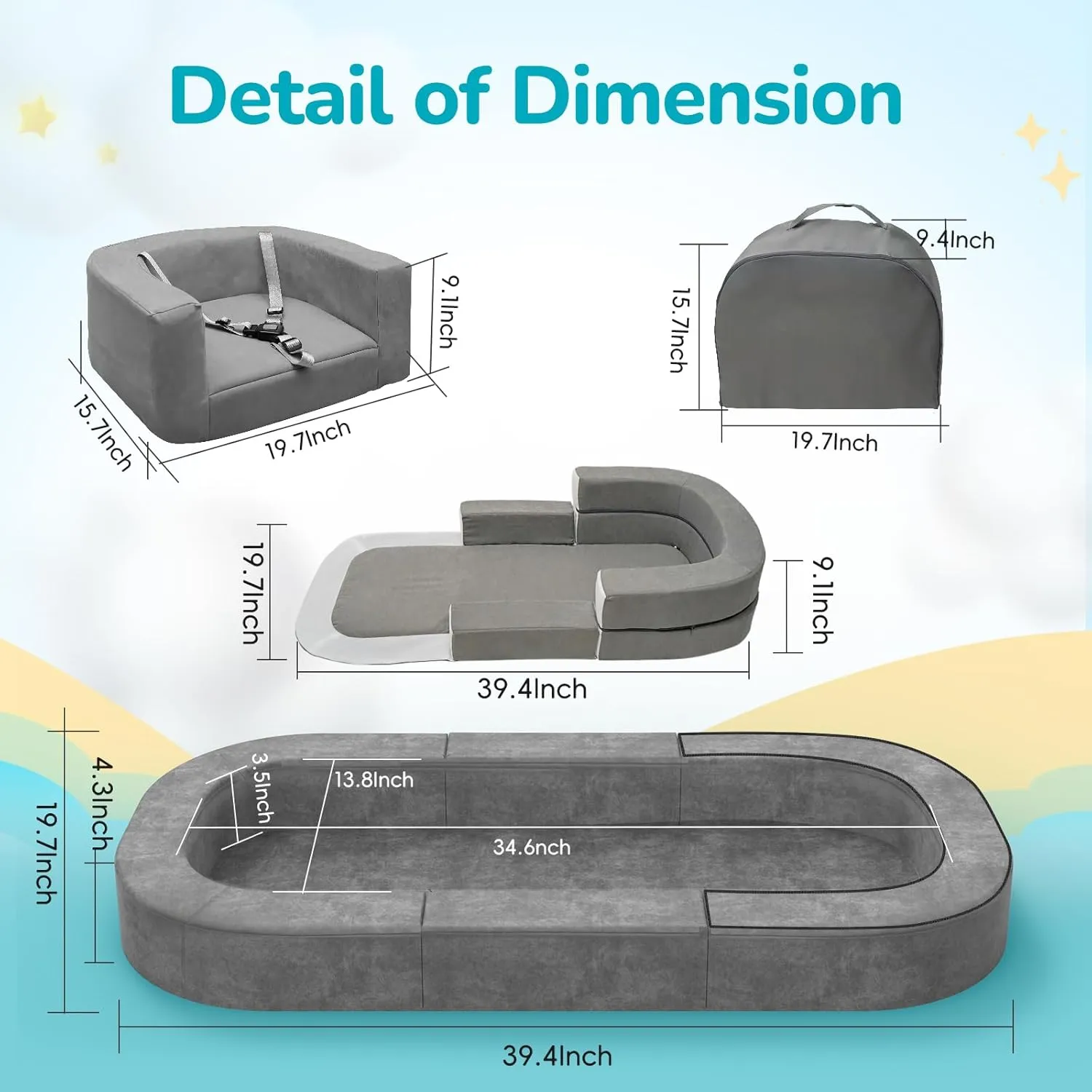 4-in-1 Portable Toddler Travel Bed and Sofa, Foldable Floor Bed with Carrying Bag, for Newborn, Infant and Toddler 1-3 Years, Size S, Gray