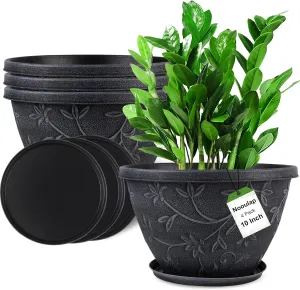4 Pack 10 Inch Plant Pot for Outdoor Indoor, Plastic Flower Pots with Drainage Hole & Saucer, Lightweight Small Resin Flower Pot, Imitation Magnolia Pots for Garden House Planters（Gray）