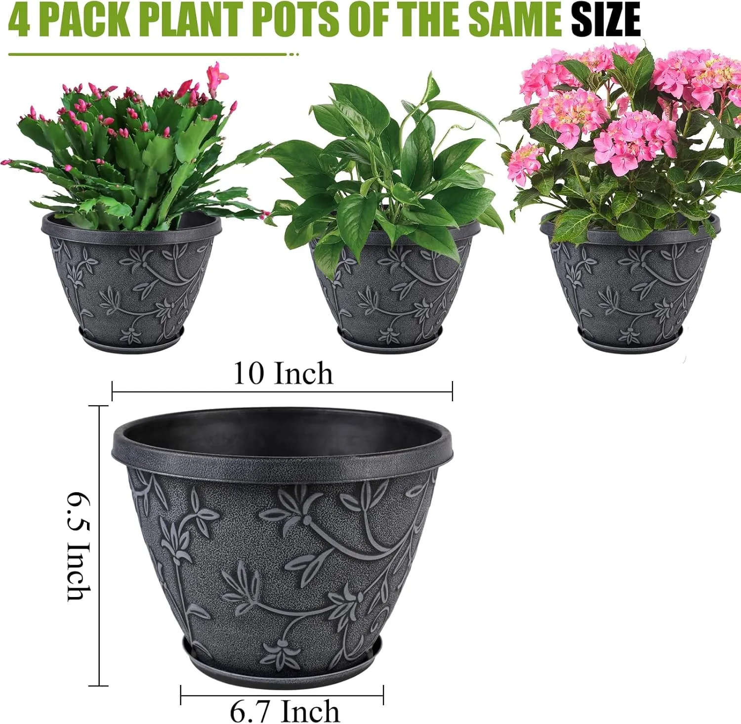 4 Pack 10 Inch Plant Pot for Outdoor Indoor, Plastic Flower Pots with Drainage Hole & Saucer, Lightweight Small Resin Flower Pot, Imitation Magnolia Pots for Garden House Planters（Gray）