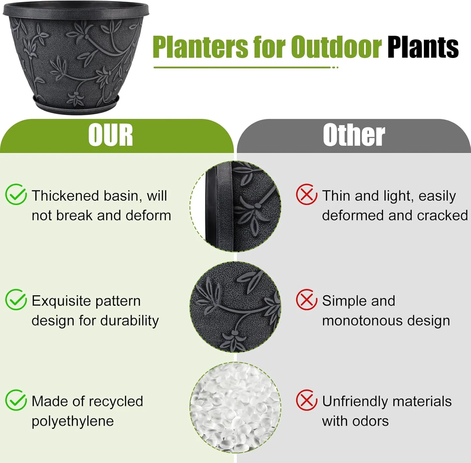 4 Pack 10 Inch Plant Pot for Outdoor Indoor, Plastic Flower Pots with Drainage Hole & Saucer, Lightweight Small Resin Flower Pot, Imitation Magnolia Pots for Garden House Planters（Gray）