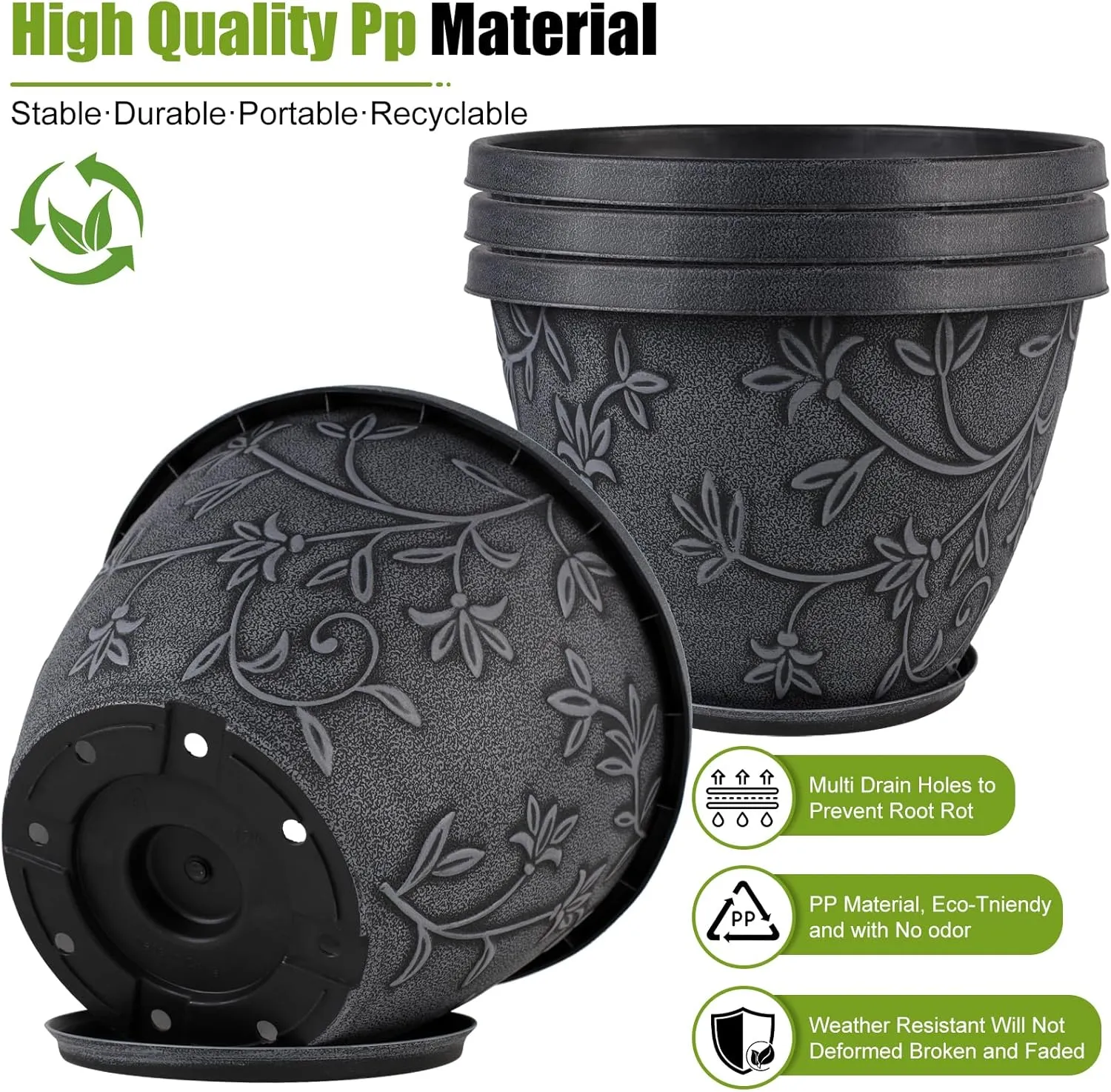 4 Pack 10 Inch Plant Pot for Outdoor Indoor, Plastic Flower Pots with Drainage Hole & Saucer, Lightweight Small Resin Flower Pot, Imitation Magnolia Pots for Garden House Planters（Gray）