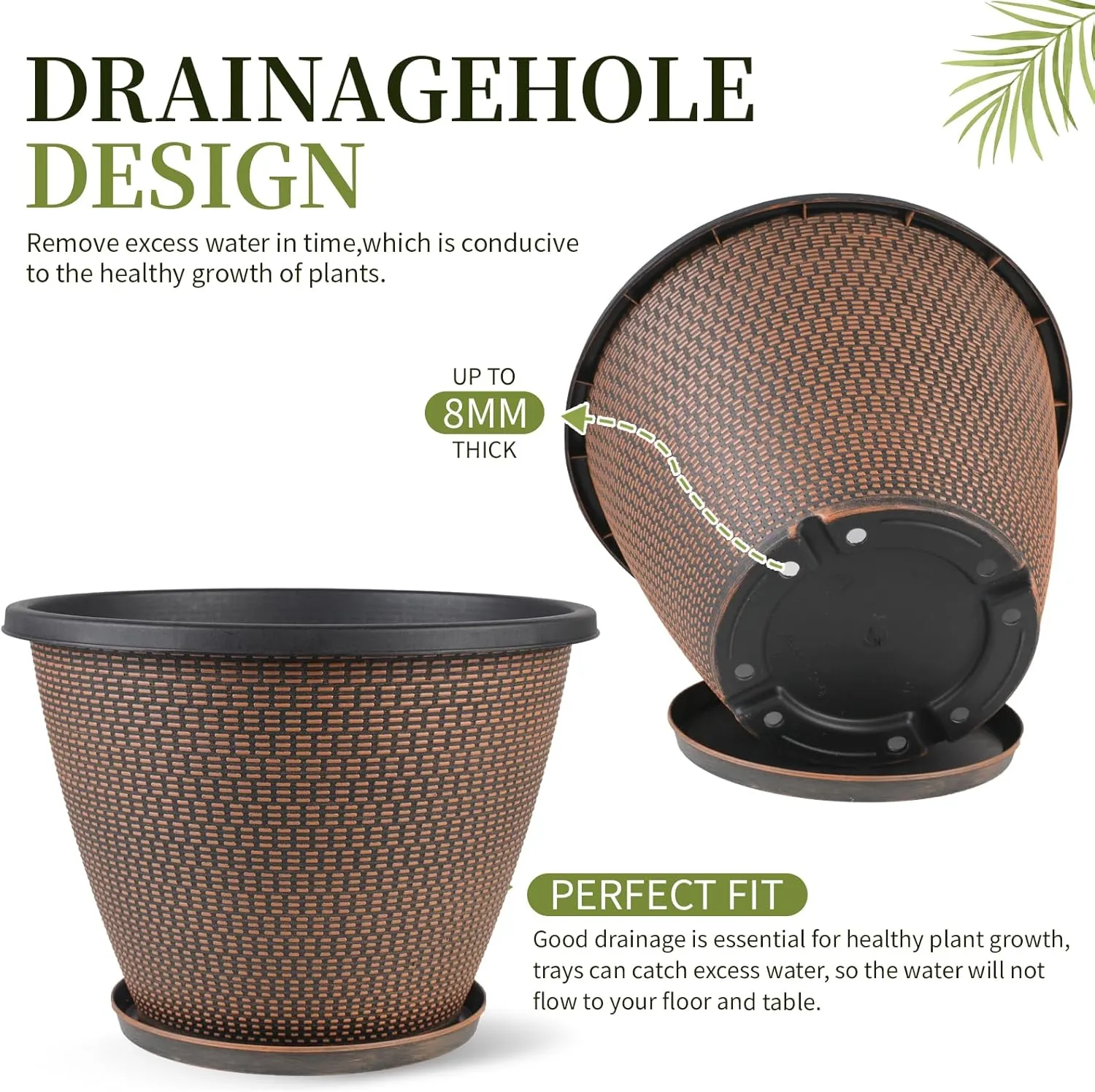 4 Pack 10 inch Plant Pot for Outdoor Indoor, Plastic Flower Pots with Drainage Holes & Saucers, Lightweight Large Outdoor Planter Pot, Imitation Knit Pots for Garden House Planters (Black Copper)