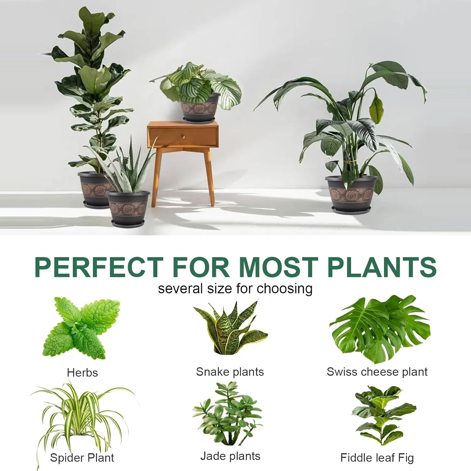 4 Pack 10 inch Plant Pots, Retro Pattern Planters with Drainage Holes and Saucer, Sturdy Plastic Garden Flower Pots for Indoor & Outdoor Plants