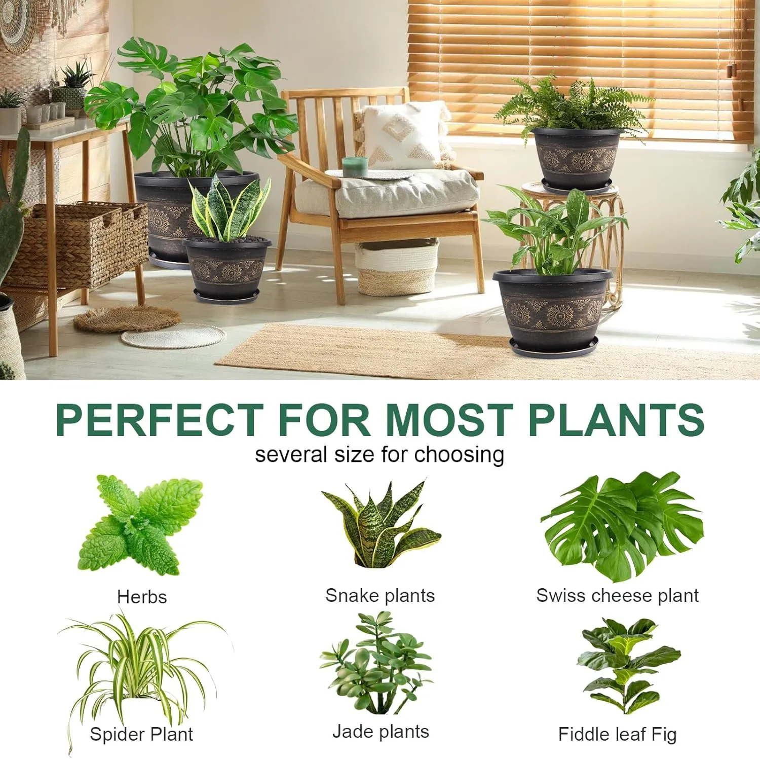 4 Pack 10 inch Plant Pots, Retro Pattern Planters with Drainage Holes and Saucer, Sturdy Plastic Garden Flower Pots for Indoor & Outdoor Plants