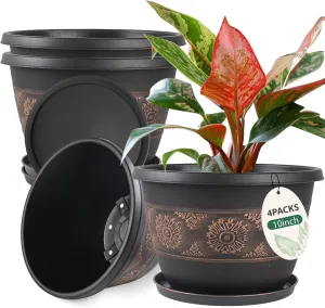 4 Pack 10 inch Plant Pots, Retro Pattern Planters with Drainage Holes and Saucer, Sturdy Plastic Garden Flower Pots for Indoor & Outdoor Plants